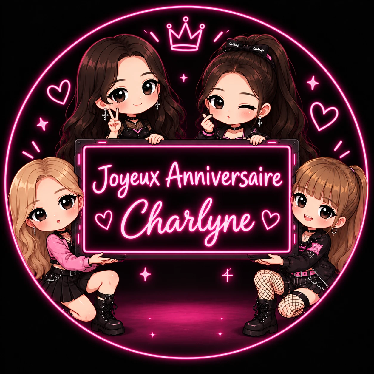 Illustration du badge anniversaire : Joyeux anniversaire Charlyne, entourée de quatre personnages